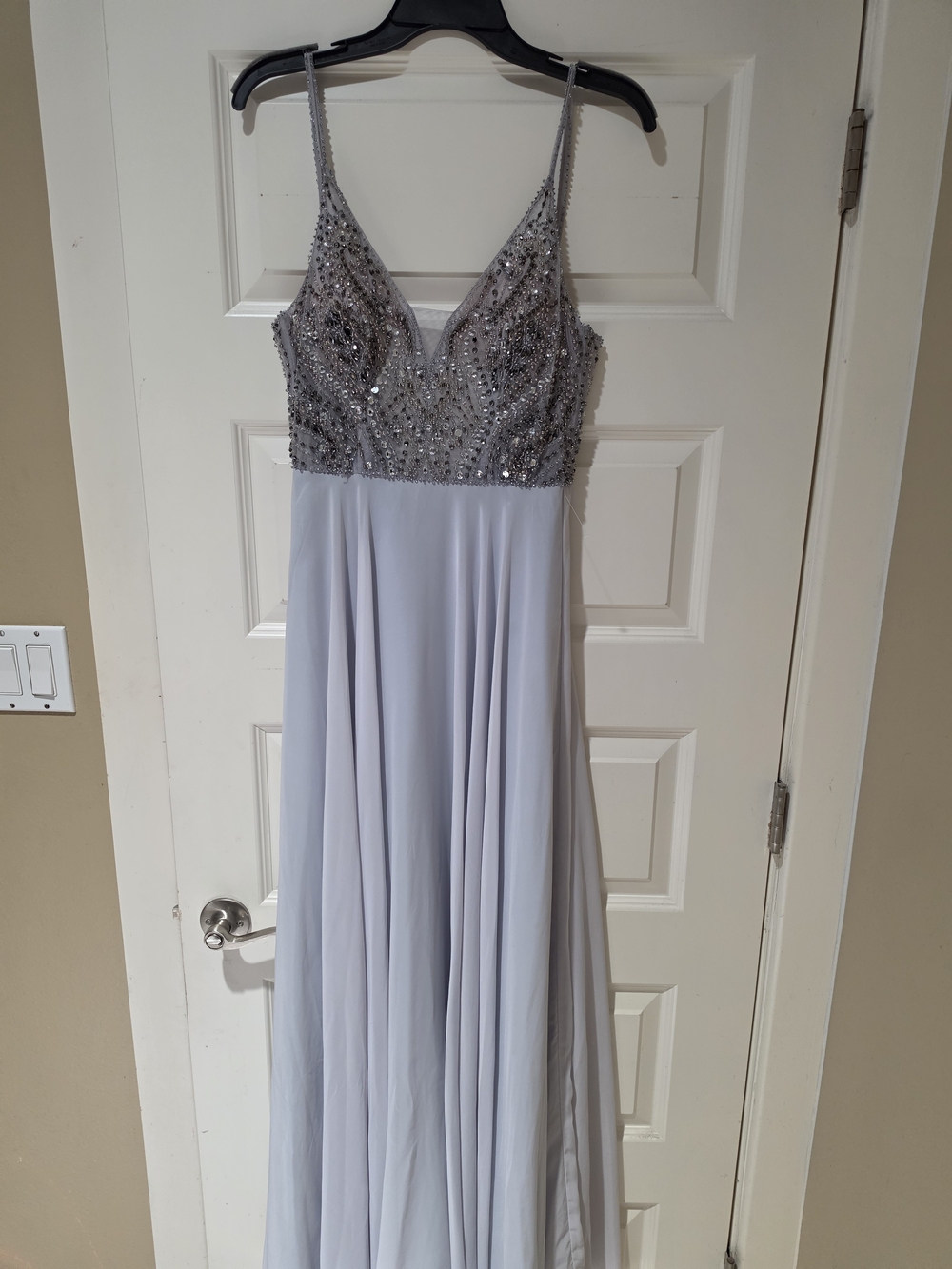 Xscape Beaded Spaghetti-Strap Maxi Dress in Light Gray